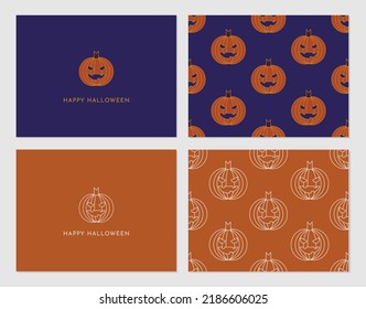 Halloween seamless pattern or banner set with Halloween pumpkin greeting.  Background, card, Fun hand drawn Halloween seamless pattern with cats, hats, bats and decoration, textiles, vector.