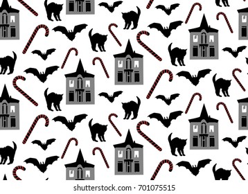 Halloween seamless pattern with bat, black cat, candy and house
