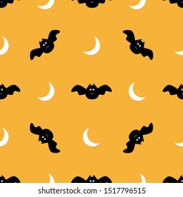 Halloween seamless pattern. Bat and crescent on yellow background.