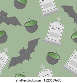 Halloween seamless pattern with bat, gravestone and cauldron with potion. Vector illustration.