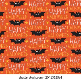 Halloween seamless pattern with bat on orange background, autumn pattern with Happy Halloween text and words, star, wrapping paper, pattern fills, web page background, greeting cards