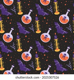 Halloween seamless pattern with bat, poison potion and candle. Vector illustration.