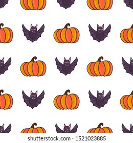 Halloween seamless pattern with bat and pumpkin, hand drawn doodle style. Autumn vector illustration.