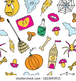 Halloween seamless pattern with bat, pumpkin, ghost, mushrooms. Haloween print for textile, wrapping, fabric