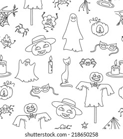Halloween seamless pattern with bat, pumpkin, ghost, spiders and other elements for design, vector illustration