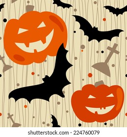 Halloween seamless pattern with bat, pumpkin and tombstone. eps 8