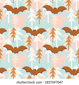 Halloween Seamless Pattern with  Bats. Halloween Background with Pumpkin and Bats. Colored Vector Patterns in Flat style.