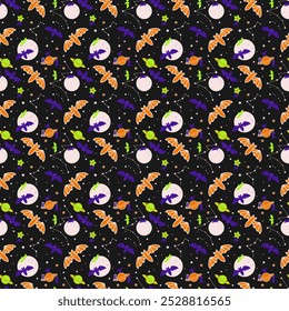 Halloween seamless pattern. Bats, cats, cosmic night sky in naive style. Vector illustration for Halloween. Gray background with grunge texture.	 