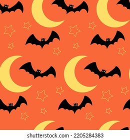 Halloween seamless pattern with bats flying around stars an moon on orange background. Hand drawn vector illustration for party decoration, scrapbooking, textile, wall paper, greeting cards design.