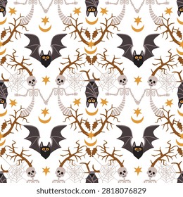 Halloween seamless pattern with bats flying and hanging on branches, human skeletons, scary trees, cobwebs. Simmetrical ornament with stars and moon. Cartoon objects on white background. Vector print.