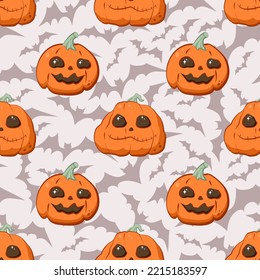 Halloween seamless pattern, bats, funny and evil pumpkins. Vector background. Cartoon character illustration. For cover, gift wrapping, fabric, paper, etc.