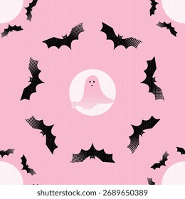 Halloween seamless pattern Bats and ghost on pink background spooky spirit autumn holiday Vector illustration