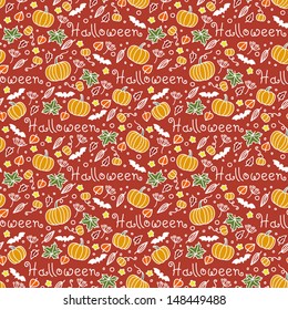 Halloween seamless pattern with bats, leaves and pumpkins