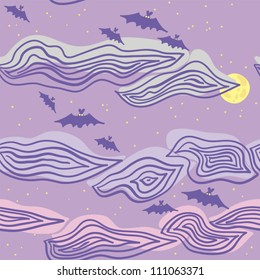 Halloween Seamless Pattern With Bats, Moon And Clouds.