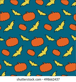 Halloween seamless pattern. Bats and pumpkins on blue background