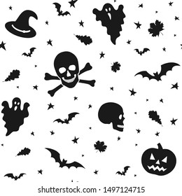 Halloween seamless pattern with bats, skull with crossbones, pumpkin, ghost, hat, stars and leaves on white background. Wallpaper, wrapping. Vector illustration in flat style.