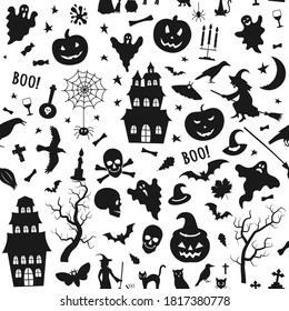 Halloween seamless pattern with bats, skull, pumpkin, ghost, hat, witch, raven, cobweb, spider, stars and leaves on white background. Wallpaper, wrapping. Vector illustration.