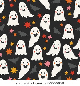 Halloween seamless pattern with bats, stars and ghosts on black background. Perfect for wallpaper, gift paper, autumn greeting cards. Vector illustration