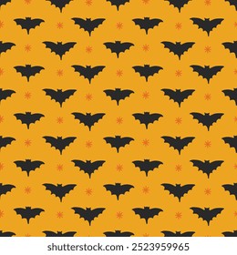 Dia das Bruxas padrão sem costura com morcegos e estrelas no fundo amarelo. Perfeito para papel de parede, papel de presente, cartões de saudação outono. Ilustração vetorial