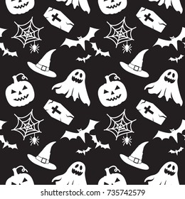 Halloween seamless pattern. Beautiful design with ghost, skull, pumpkin, hat, spider web, tombstone, coffin and bats. White objects on black background. Vector Illustration. 