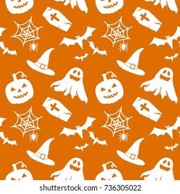 Halloween seamless pattern. Beautiful design with ghost, pumpkin, hat, spider web, coffin and bats. White objects on orange background. Vector Illustration. 