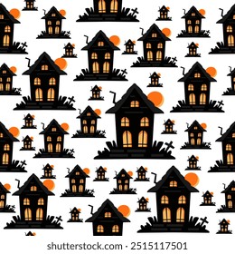 Padrão sem emenda de Halloween com casas abandonadas pretas com janelas brilhantes, cruzes e lua cheia em fundo branco, design vetorial perfeito para decoração de halloween, tecido, papel de embrulho