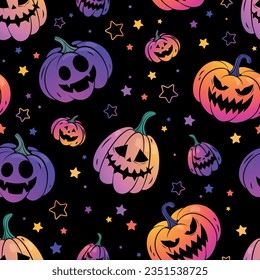 Halloween seamless pattern with black background and carved neon pumpkins.