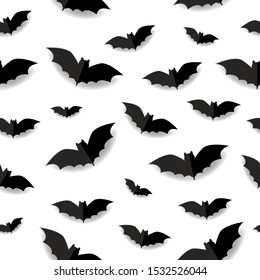 Halloween seamless pattern with black bats paper cut style on white background, Vector illustration