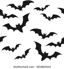 Patrón ininterrumpido de Halloween con murciélagos negros sobre fondo blanco. Fondo infinito, papel tapiz, embalaje, embalaje, textura, papel. Ilustración vectorial en estilo plano.
