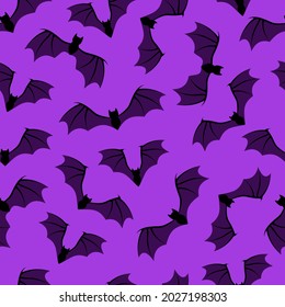 Halloween seamless pattern with black bats on violet background. Isolated vector illustration for web design, print and wrapping paper