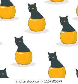 Halloween seamless pattern. Black cat. Vector.