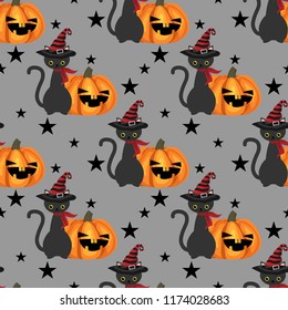 Halloween seamless pattern with black cat with witches hat and Halloween pumpkin.