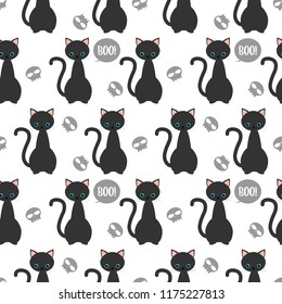 Halloween seamless pattern with black cat, skull and Boo! text