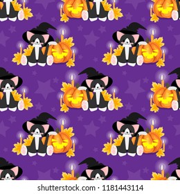 Halloween seamless pattern with black cat with witches hat and Halloween pumpkin.