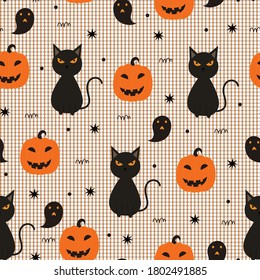 Halloween seamless pattern with black cat and ghost pumpkin Hand drawn cartoon background in childrens style Used for printing, wallpaper, textiles, fashion Vector illustration