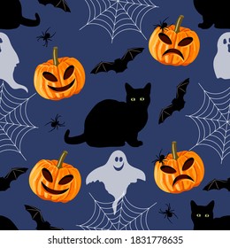 Halloween seamless pattern with black cat, bat, spider, web and pumpkin.