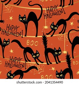 Halloween seamless pattern with black cat on orange background, Autumn pattern with spider, webs, boo, Happy Halloween text, wrapping paper, pattern fills, fall greetings, greeting cards