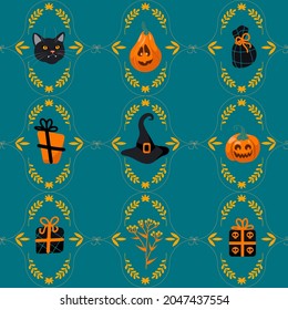 Halloween seamless pattern Black cat, witch hat, jack lantern, gifts, candy. On a green background. Bright illustration cartoon style. For nursery, wallpaper, printing on fabric, wrapping, background.