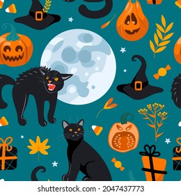 Halloween seamless pattern Black cat, full moon, witch hat, gifts, candy. On a green background. Bright illustration in cartoon style. For nursery, wallpaper, printing on fabric, wrapping, background.