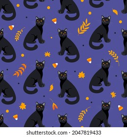 Halloween seamless pattern Black cat, autumn leaves, herbs and candy in orange tones dark purple background. Bright illustration cartoon style. For wallpaper, printing on fabric, wrapping, background.