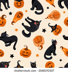 Halloween seamless pattern Black cat, witch hat, jack lantern, candy. On light beige background. Bright illustration in cartoon style. For wallpaper, printing on fabric, wrapping, background