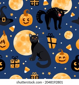 Halloween seamless pattern Black cat, moon, witch hat, jack lantern, candy. On a blue background. Bright illustration in cartoon style. For wallpaper, printing on fabric, wrapping, background.
