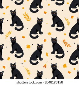 Halloween seamless pattern Black cat, autumn leaves, herbs and candy in orange tones light beige background. Bright illustration cartoon style. For wallpaper, printing on fabric, wrapping, background.