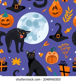 Halloween seamless pattern Black cat, moon, witch hat, gifts, jack lantern, candy. On a purple background. Bright illustration cartoon style. For wallpaper, printing on fabric, wrapping, background.