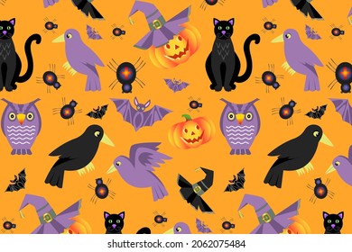 Halloween seamless pattern. Black cat, crows, owl, spiders, bats, pumpkins and witch hats on an orange background. For printing, for fabrics, for packaging.