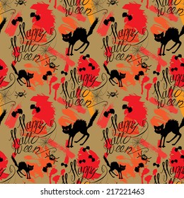 Halloween seamless pattern with black cat, bats, spider, web, Handwritten calligraphic text - Happy Halloween. Background in grunge style