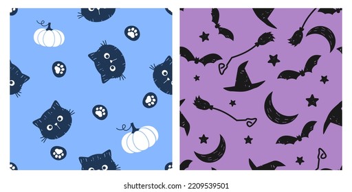 Halloween seamless pattern with black cat, paw print, pumpkins, witch hats, moon, bats and stars  on blue and purple backgrounds vector illustration. 