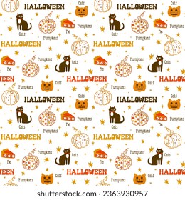 Halloween seamless pattern, black cat, pumpkin, pie. Background in orange brown white colors, for spooky season. Great for wrapping paper, textile, kitchen clothes, fabric, baby pajamas, 