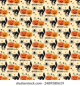 Halloween seamless pattern with black cat and pumpkins