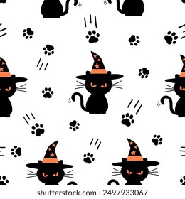 Halloween seamless pattern with black cat cartoons, wizard hat and paw prints on white background vector.